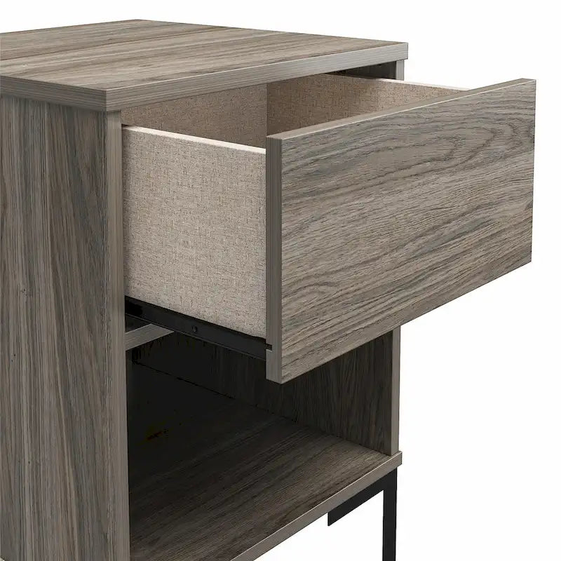 Table de chevet industrielle en chêne patiné avec tiroir et étagère ouverte