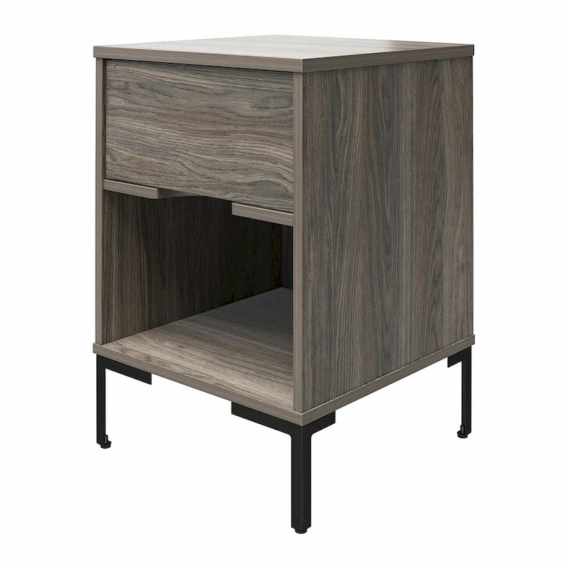 Table de chevet industrielle en chêne patiné avec tiroir et étagère ouverte