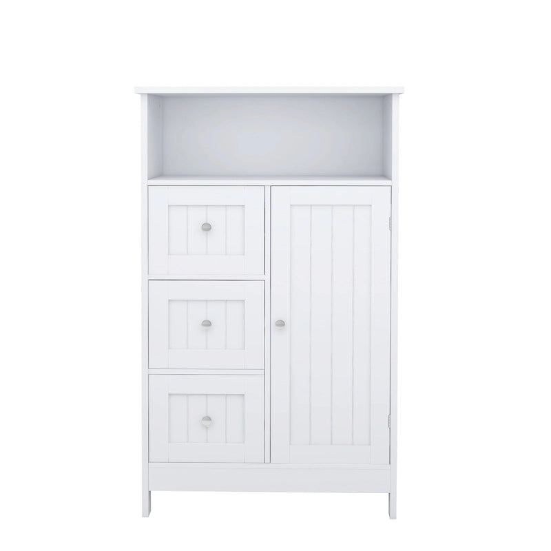 Meuble de rangement de salle de bain blanc sur pied avec 3 tiroirs et une porte