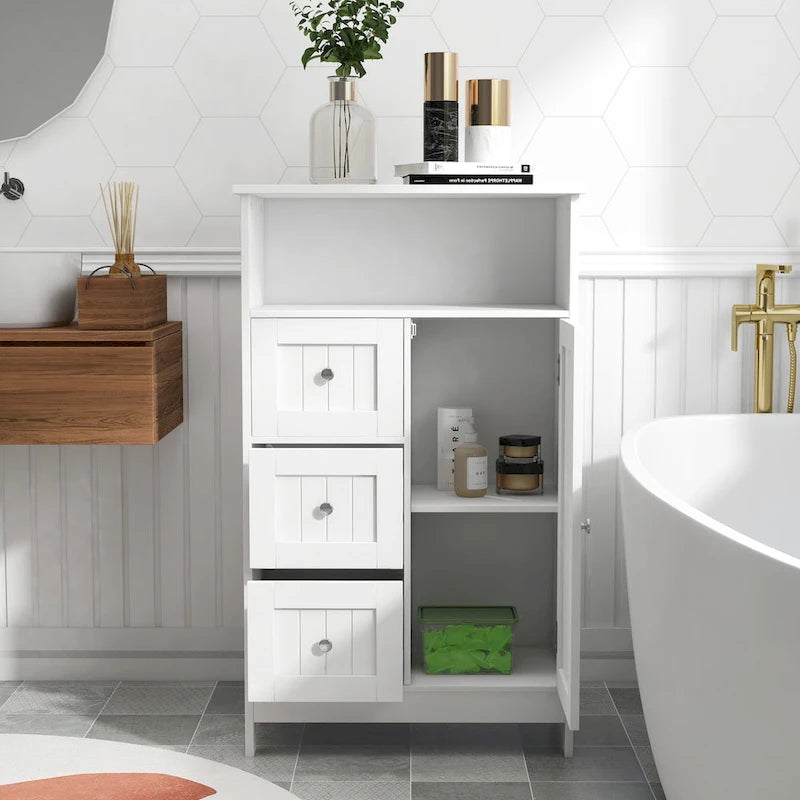 Meuble de rangement de salle de bain blanc sur pied avec 3 tiroirs et une porte