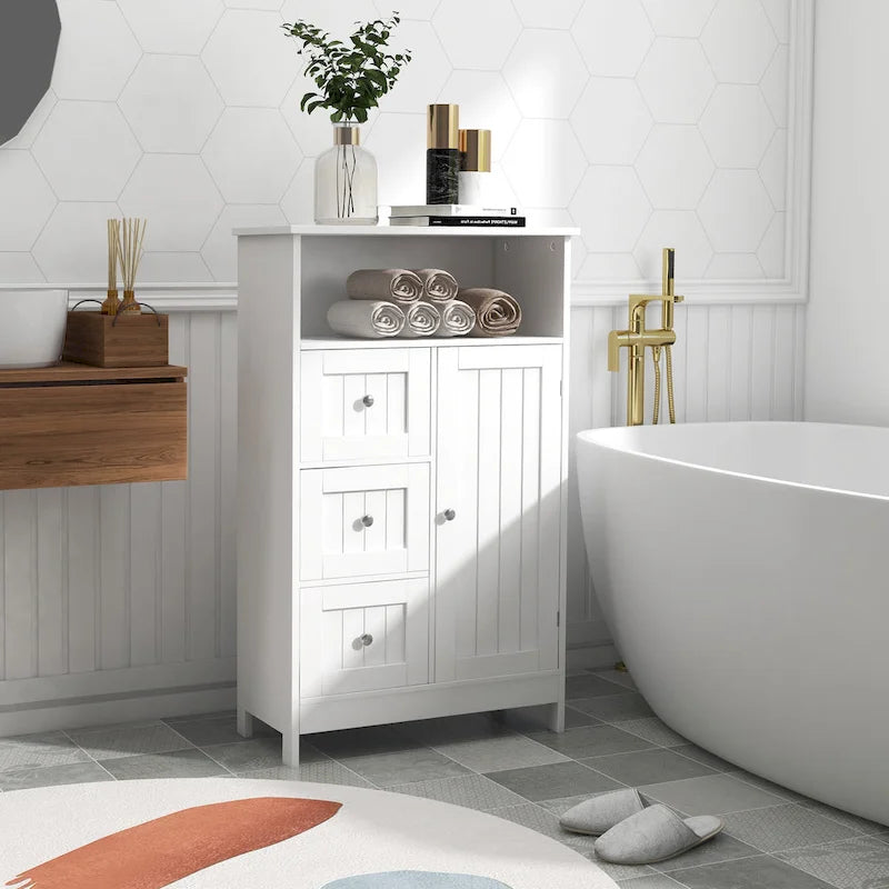 Meuble de rangement de salle de bain blanc sur pied avec 3 tiroirs et une porte