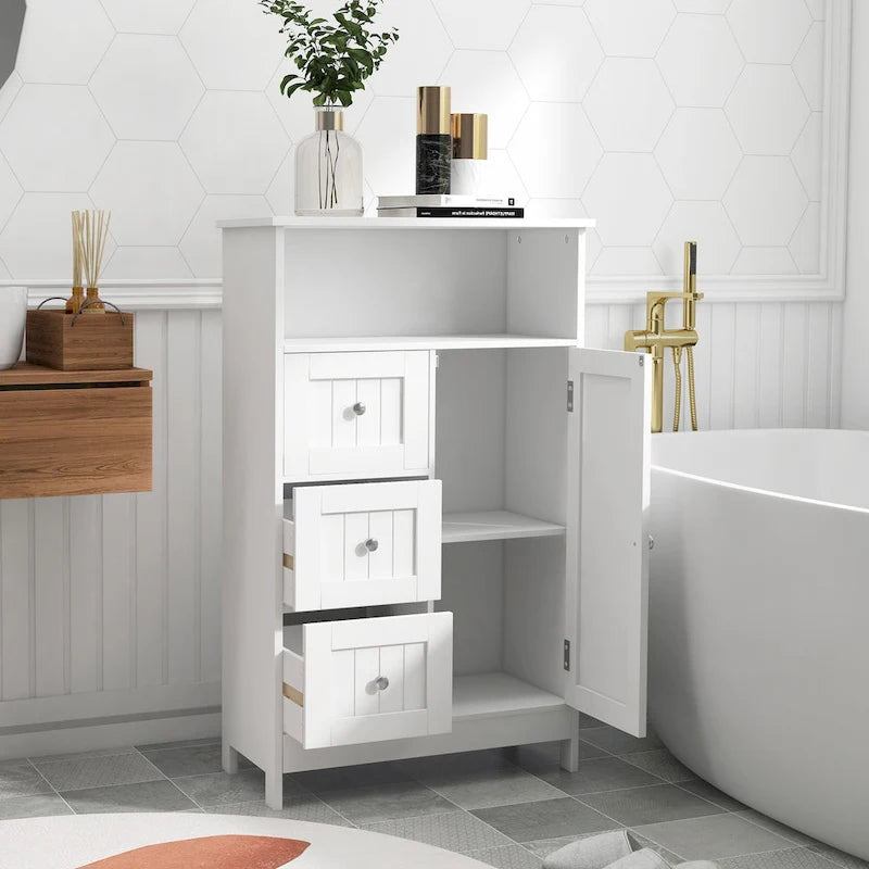 Meuble de rangement de salle de bain blanc sur pied avec 3 tiroirs et une porte