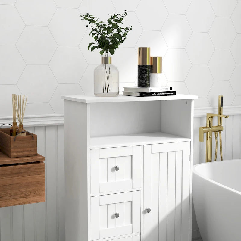 Meuble de rangement de salle de bain blanc sur pied avec 3 tiroirs et une porte