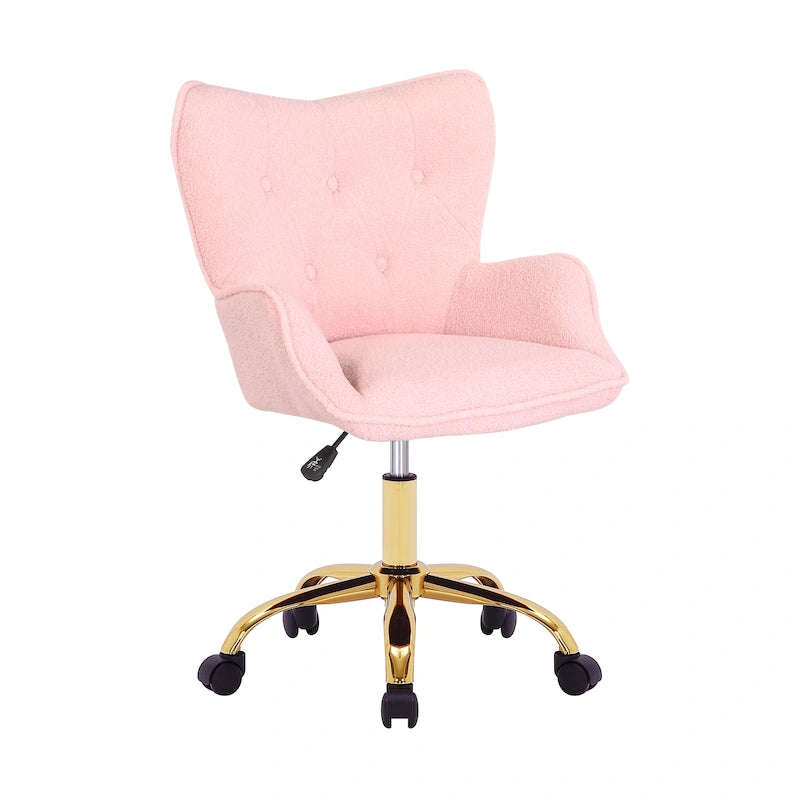 Fauteuil de bureau pivotant en tissu Teddy avec pieds chromés dorés et dossier à oreilles