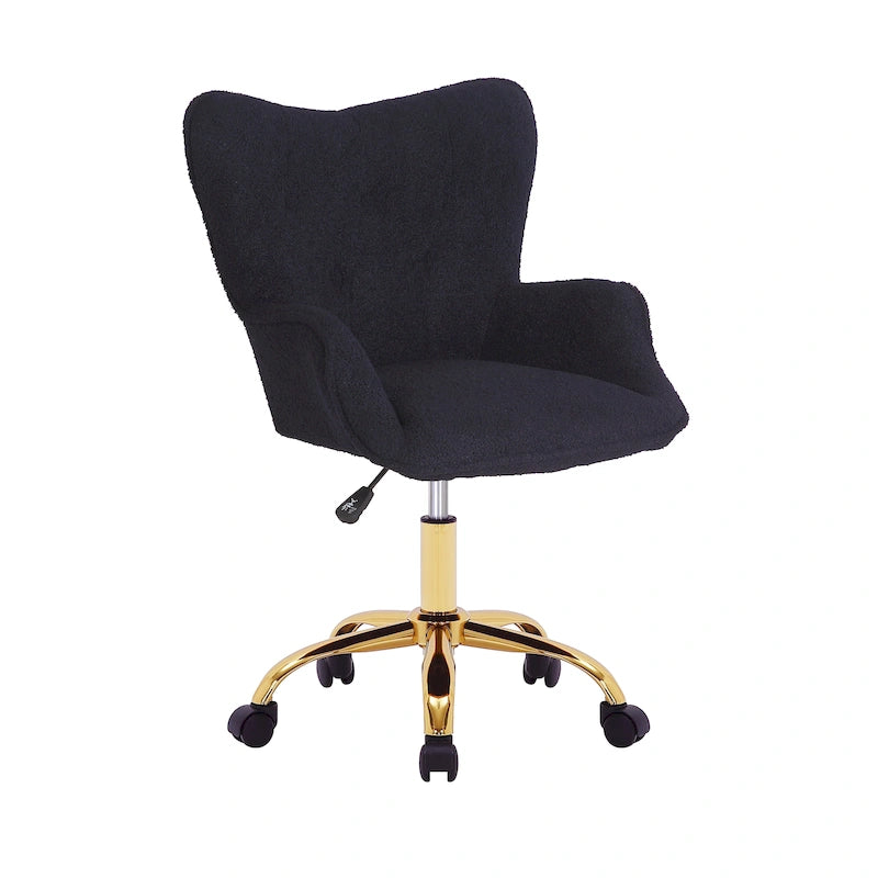 Fauteuil de bureau pivotant en tissu Teddy avec pieds chromés dorés et dossier à oreilles