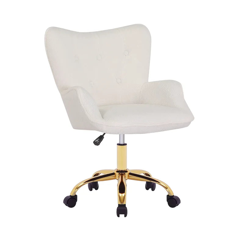 Fauteuil de bureau pivotant en tissu Teddy avec pieds chromés dorés et dossier à oreilles