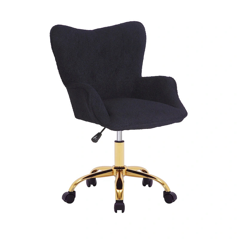 Fauteuil de bureau pivotant en tissu Teddy avec pieds chromés dorés et dossier à oreilles