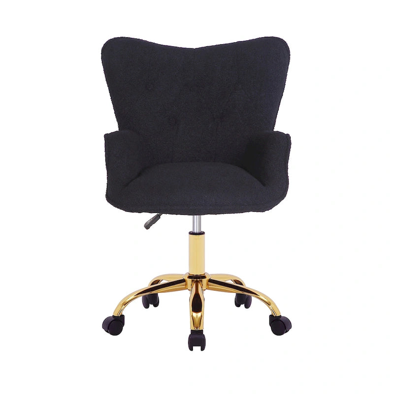 Fauteuil de bureau pivotant en tissu Teddy avec pieds chromés dorés et dossier à oreilles