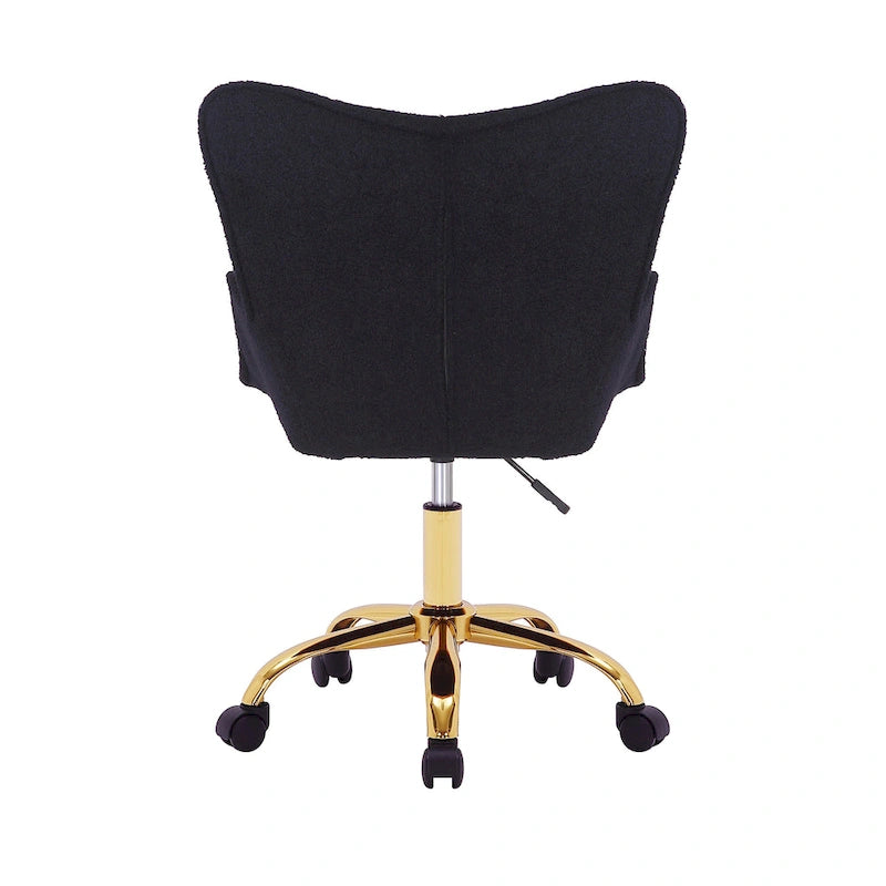 Fauteuil de bureau pivotant en tissu Teddy avec pieds chromés dorés et dossier à oreilles