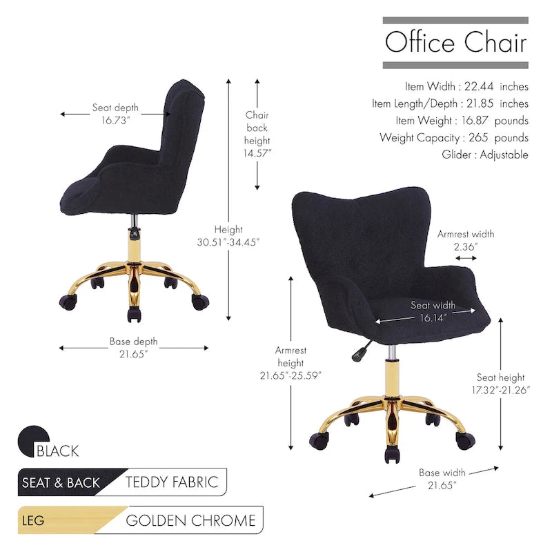 Fauteuil de bureau pivotant en tissu Teddy avec pieds chromés dorés et dossier à oreilles