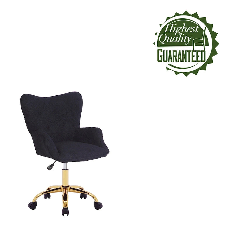 Fauteuil de bureau pivotant en tissu Teddy avec pieds chromés dorés et dossier à oreilles
