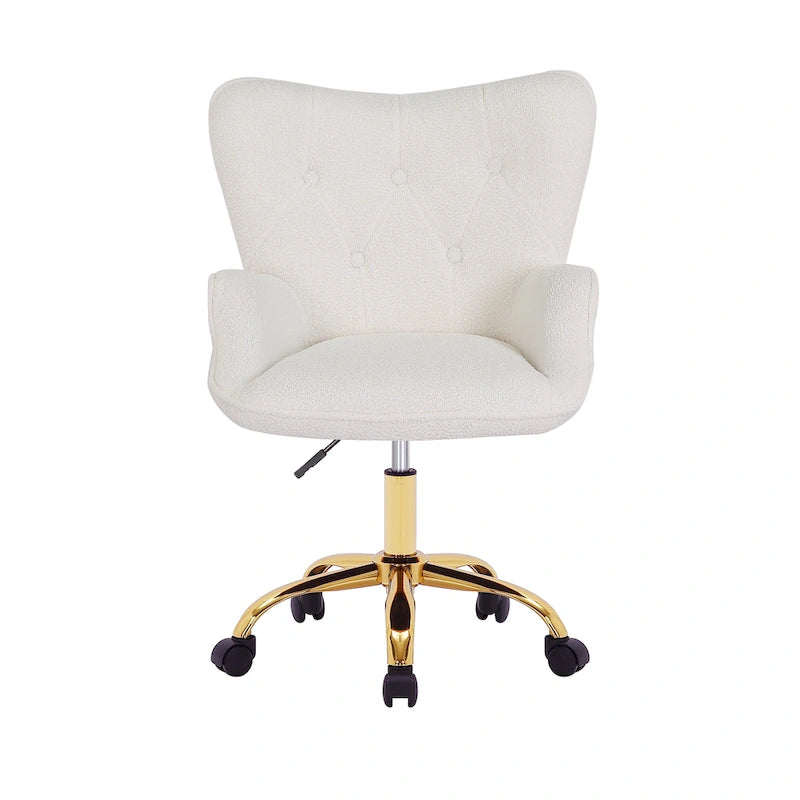 Fauteuil de bureau pivotant en tissu Teddy avec pieds chromés dorés et dossier à oreilles