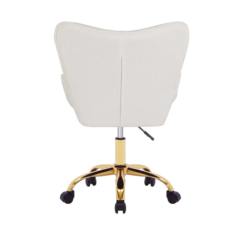 Fauteuil de bureau pivotant en tissu Teddy avec pieds chromés dorés et dossier à oreilles