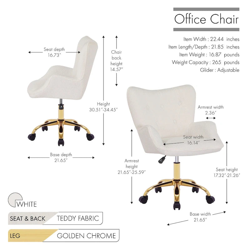 Fauteuil de bureau pivotant en tissu Teddy avec pieds chromés dorés et dossier à oreilles
