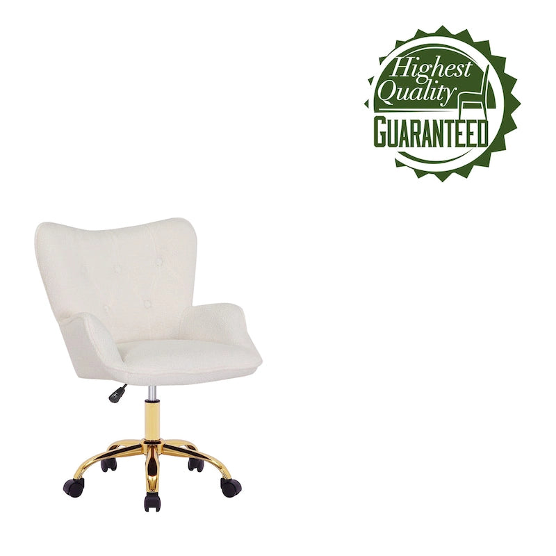 Fauteuil de bureau pivotant en tissu Teddy avec pieds chromés dorés et dossier à oreilles