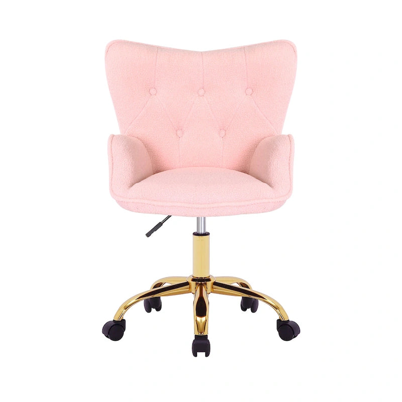 Fauteuil de bureau pivotant en tissu Teddy avec pieds chromés dorés et dossier à oreilles