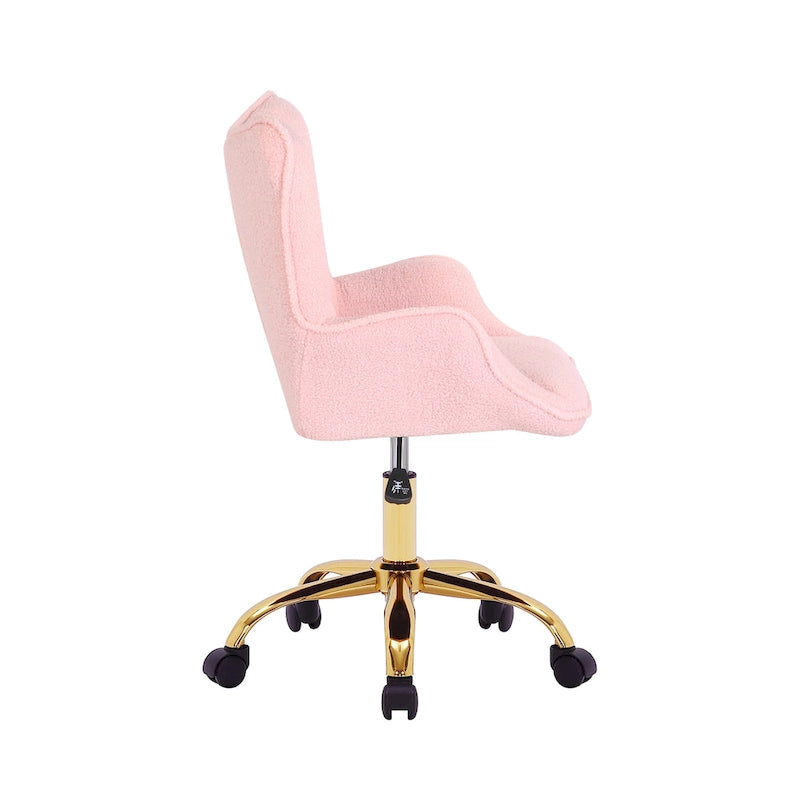Fauteuil de bureau pivotant en tissu Teddy avec pieds chromés dorés et dossier à oreilles