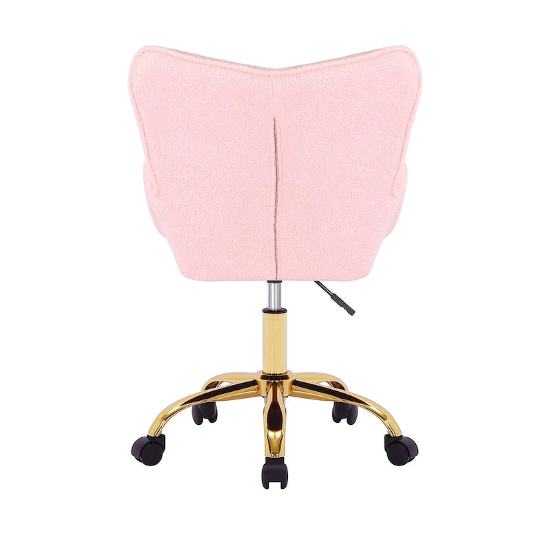 Fauteuil de bureau pivotant en tissu Teddy avec pieds chromés dorés et dossier à oreilles