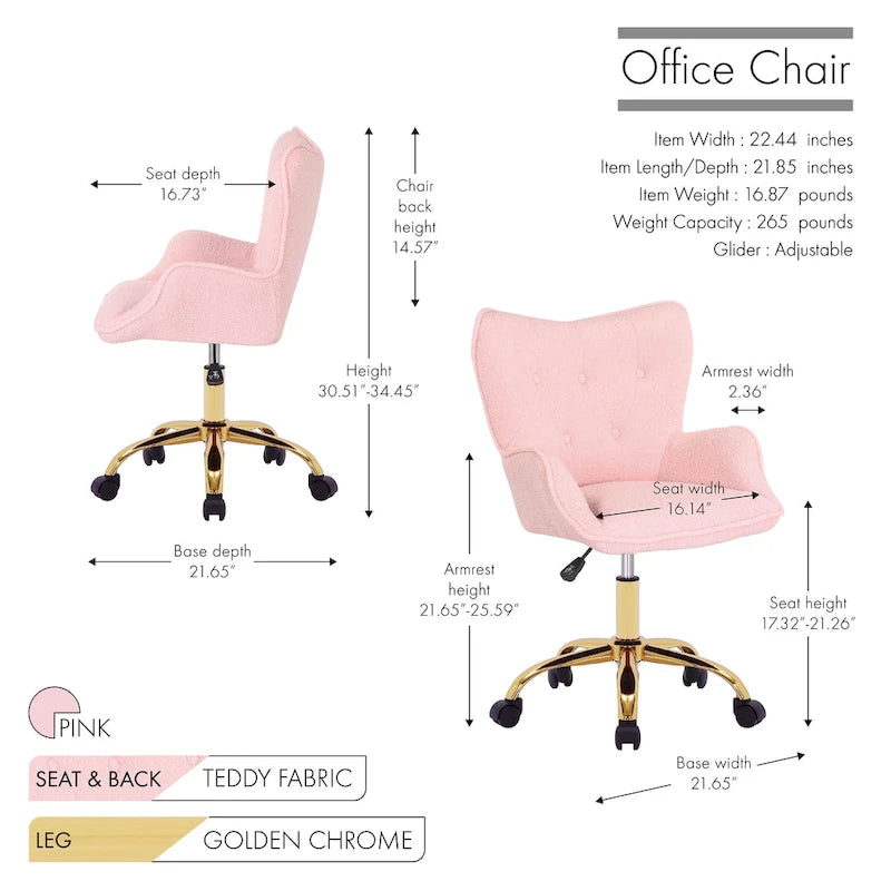 Fauteuil de bureau pivotant en tissu Teddy avec pieds chromés dorés et dossier à oreilles