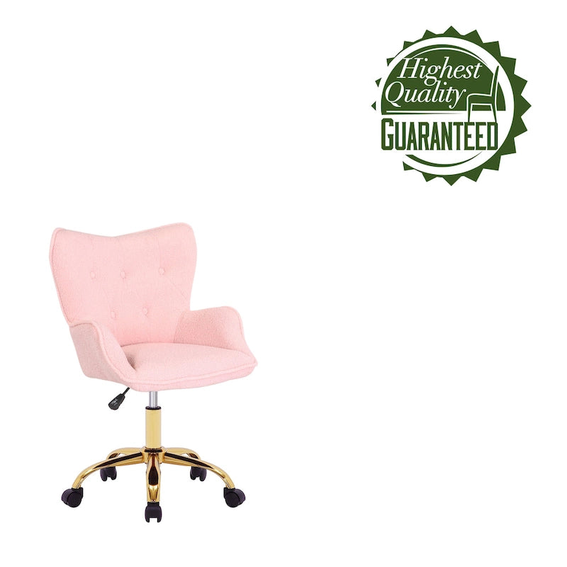 Fauteuil de bureau pivotant en tissu Teddy avec pieds chromés dorés et dossier à oreilles