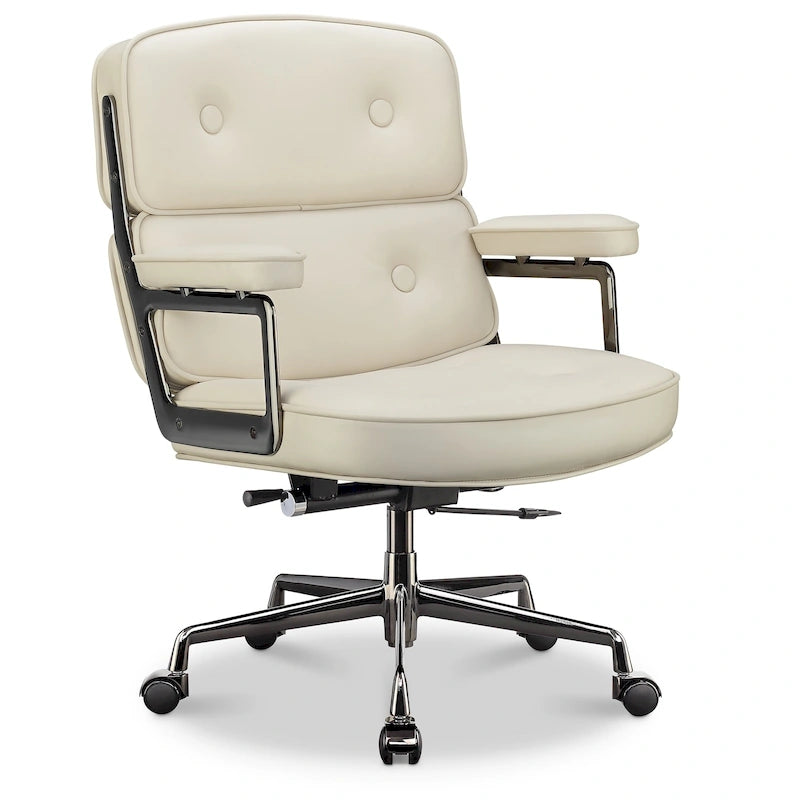 Fauteuil de bureau ergonomique en cuir capitonné à dossier mi-haut avec accoudoirs chromés