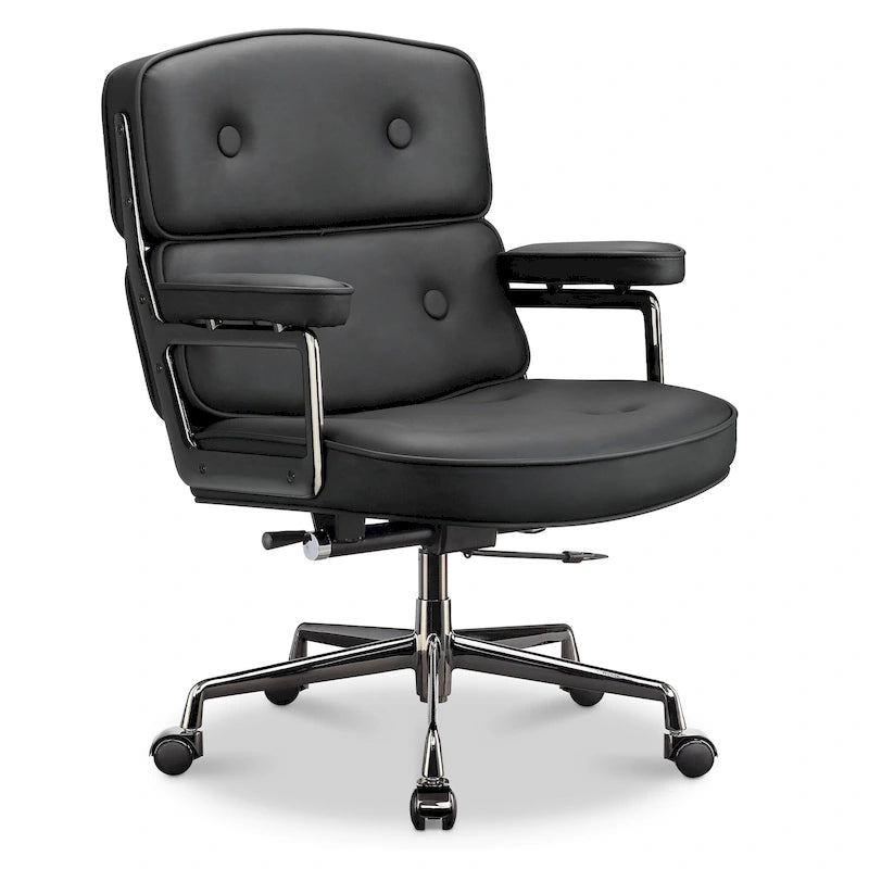 Fauteuil de bureau ergonomique en cuir capitonné à dossier mi-haut avec accoudoirs chromés