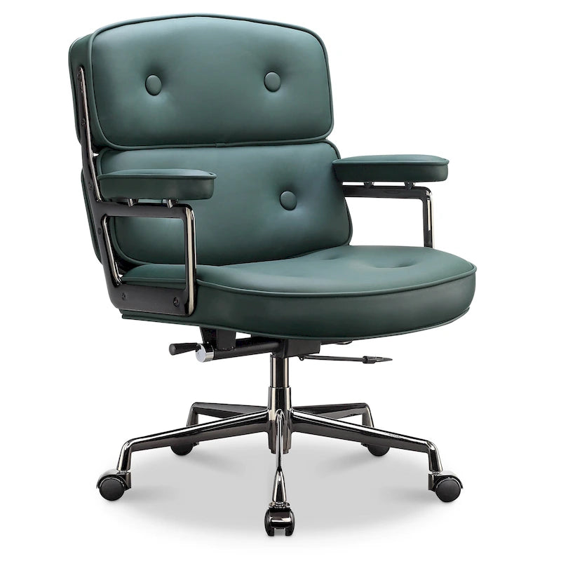 Fauteuil de bureau ergonomique en cuir capitonné à dossier mi-haut avec accoudoirs chromés