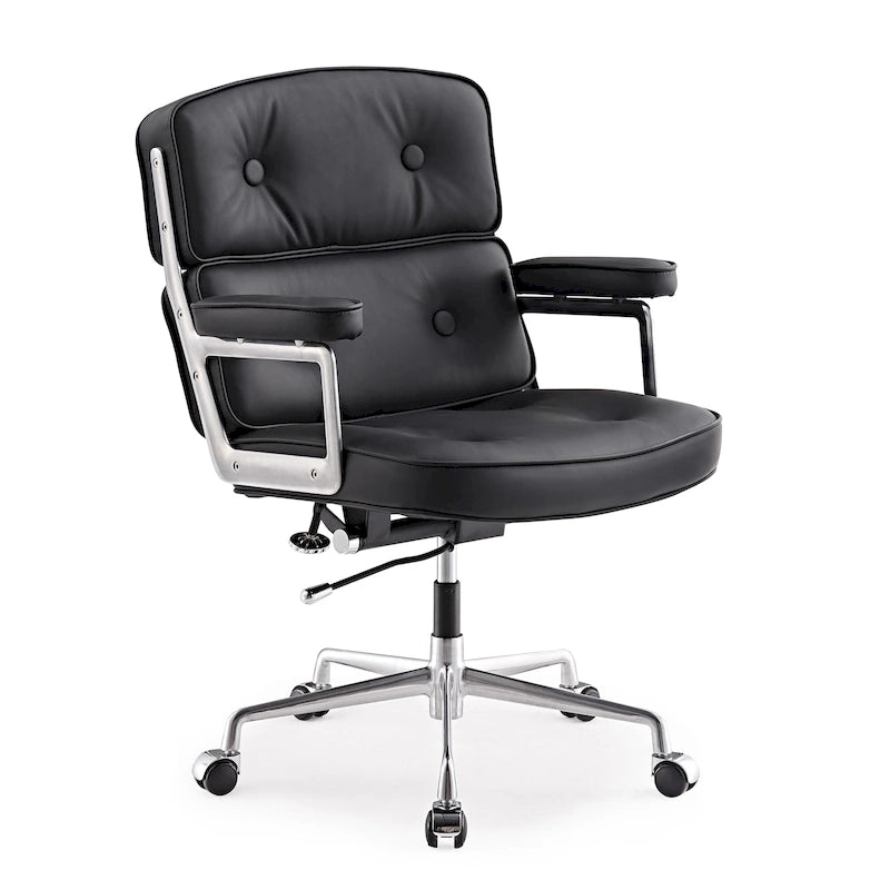 Fauteuil de bureau ergonomique en cuir capitonné à dossier mi-haut avec accoudoirs chromés