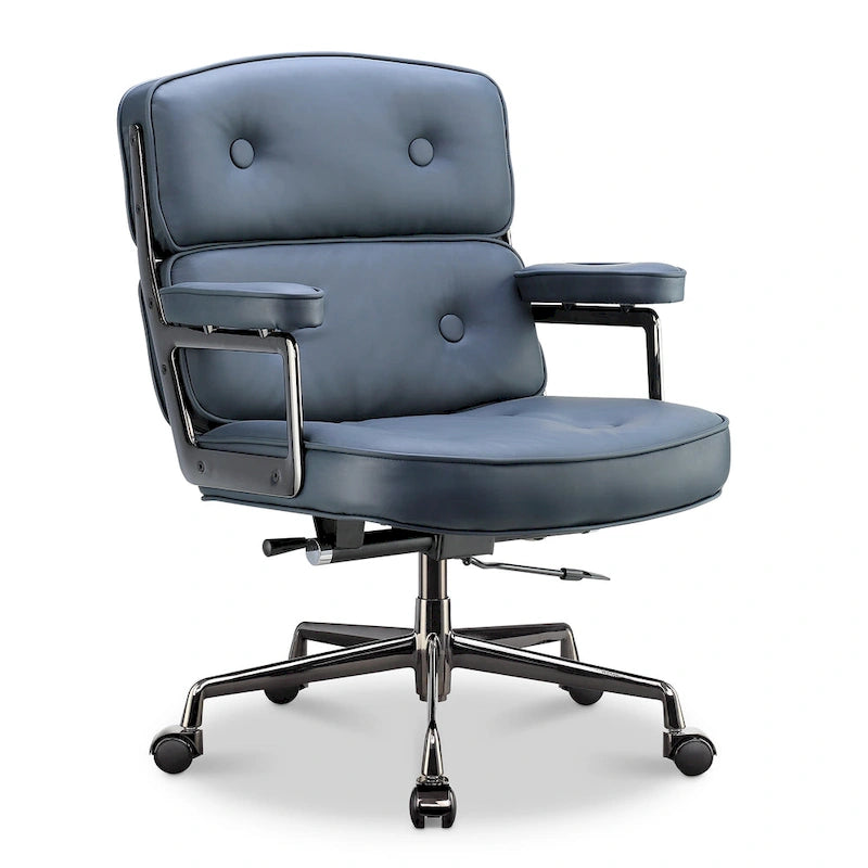 Fauteuil de bureau ergonomique en cuir capitonné à dossier mi-haut avec accoudoirs chromés