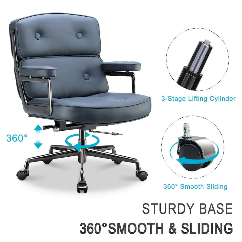 Fauteuil de bureau ergonomique en cuir capitonné à dossier mi-haut avec accoudoirs chromés