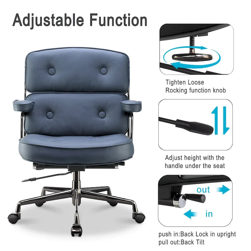 Fauteuil de bureau ergonomique en cuir capitonné à dossier mi-haut avec accoudoirs chromés
