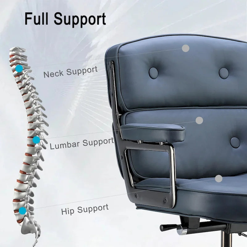 Fauteuil de bureau ergonomique en cuir capitonné à dossier mi-haut avec accoudoirs chromés