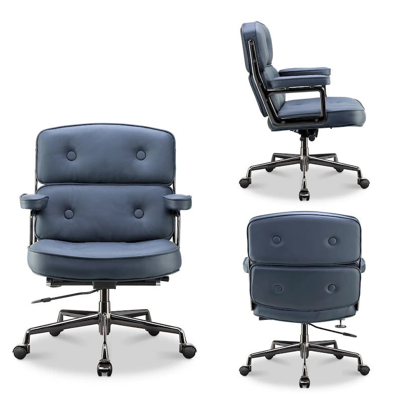 Fauteuil de bureau ergonomique en cuir capitonné à dossier mi-haut avec accoudoirs chromés