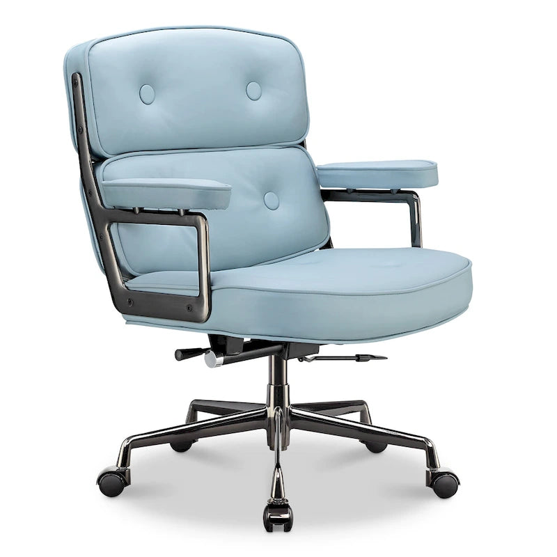 Fauteuil de bureau ergonomique en cuir capitonné à dossier mi-haut avec accoudoirs chromés