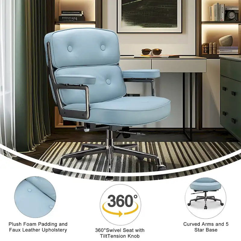 Fauteuil de bureau ergonomique en cuir capitonné à dossier mi-haut avec accoudoirs chromés