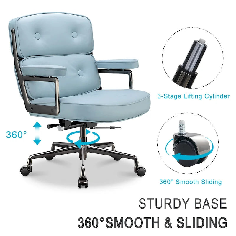 Fauteuil de bureau ergonomique en cuir capitonné à dossier mi-haut avec accoudoirs chromés