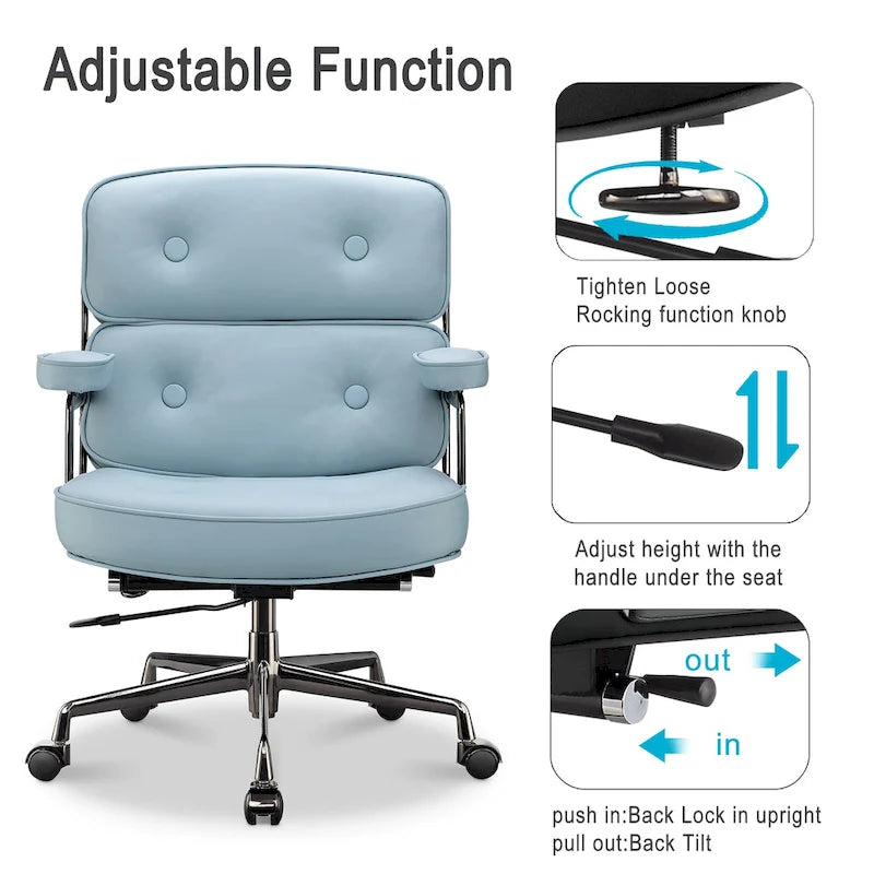 Fauteuil de bureau ergonomique en cuir capitonné à dossier mi-haut avec accoudoirs chromés