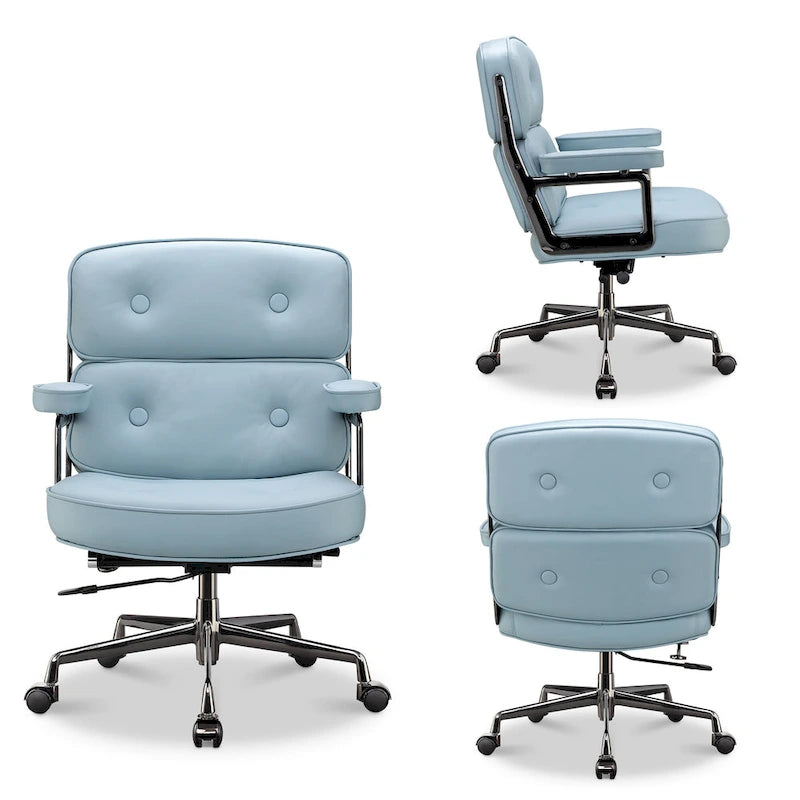 Fauteuil de bureau ergonomique en cuir capitonné à dossier mi-haut avec accoudoirs chromés