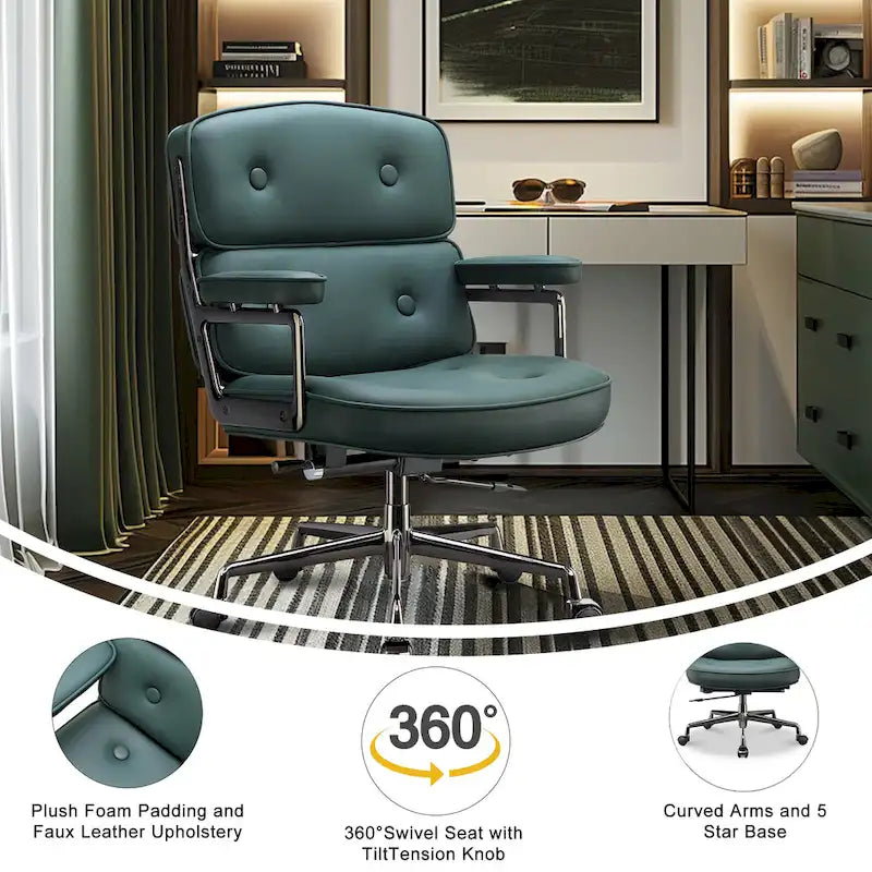 Fauteuil de bureau ergonomique en cuir capitonné à dossier mi-haut avec accoudoirs chromés