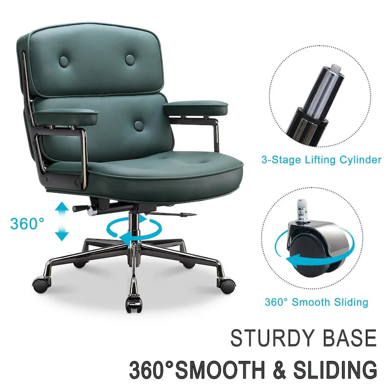 Fauteuil de bureau ergonomique en cuir capitonné à dossier mi-haut avec accoudoirs chromés