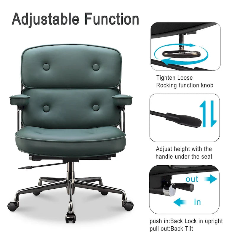 Fauteuil de bureau ergonomique en cuir capitonné à dossier mi-haut avec accoudoirs chromés