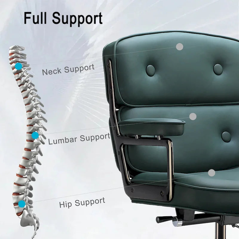 Fauteuil de bureau ergonomique en cuir capitonné à dossier mi-haut avec accoudoirs chromés