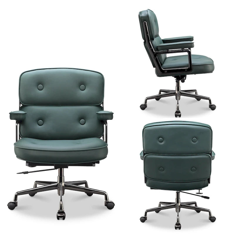 Fauteuil de bureau ergonomique en cuir capitonné à dossier mi-haut avec accoudoirs chromés