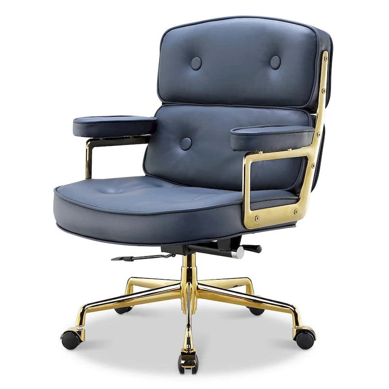 Fauteuil de bureau ergonomique en cuir capitonné à dossier mi-haut avec accoudoirs chromés