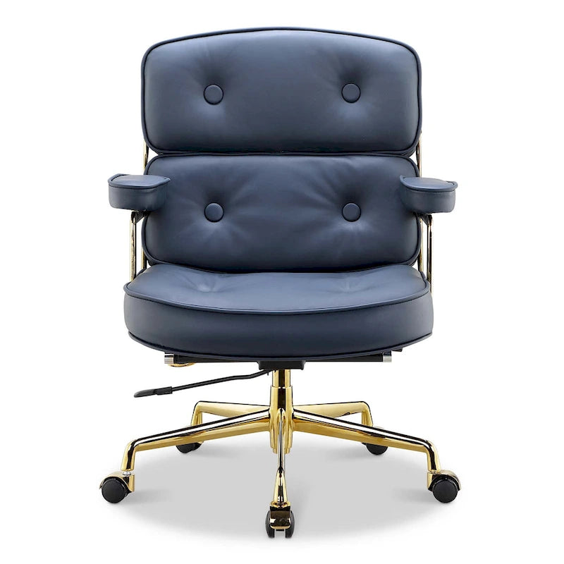Fauteuil de bureau ergonomique en cuir capitonné à dossier mi-haut avec accoudoirs chromés