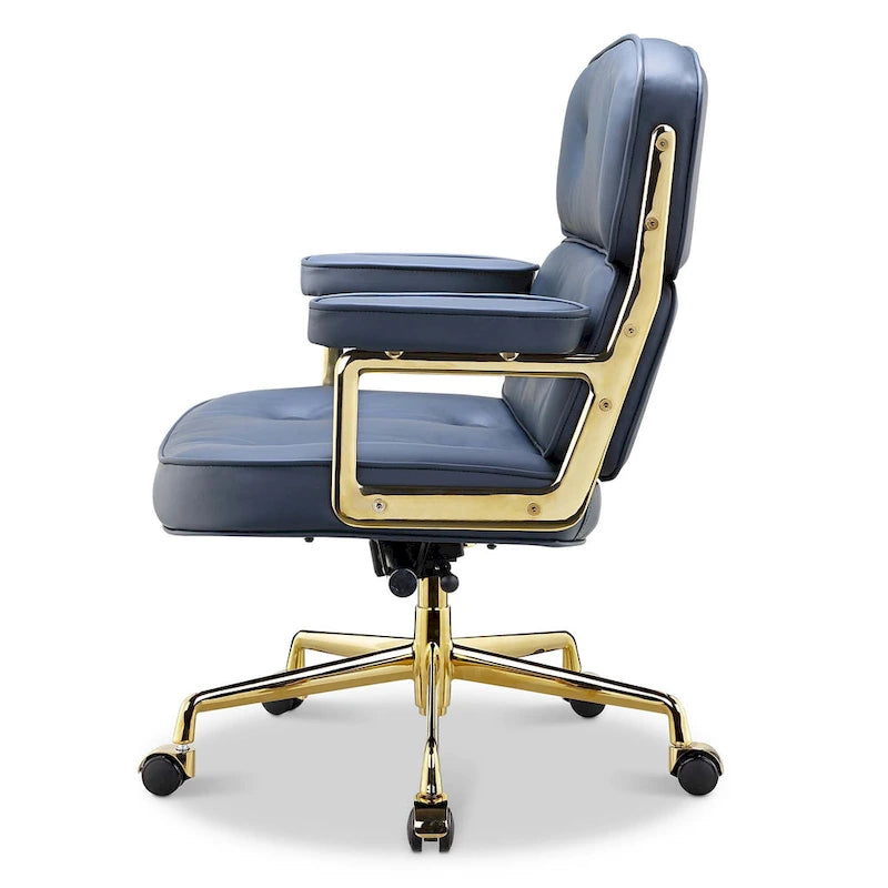 Fauteuil de bureau ergonomique en cuir capitonné à dossier mi-haut avec accoudoirs chromés