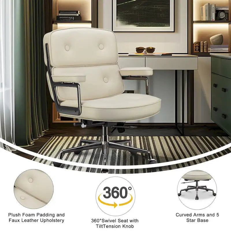 Fauteuil de bureau ergonomique en cuir capitonné à dossier mi-haut avec accoudoirs chromés