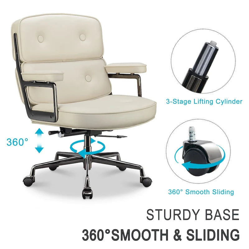 Fauteuil de bureau ergonomique en cuir capitonné à dossier mi-haut avec accoudoirs chromés