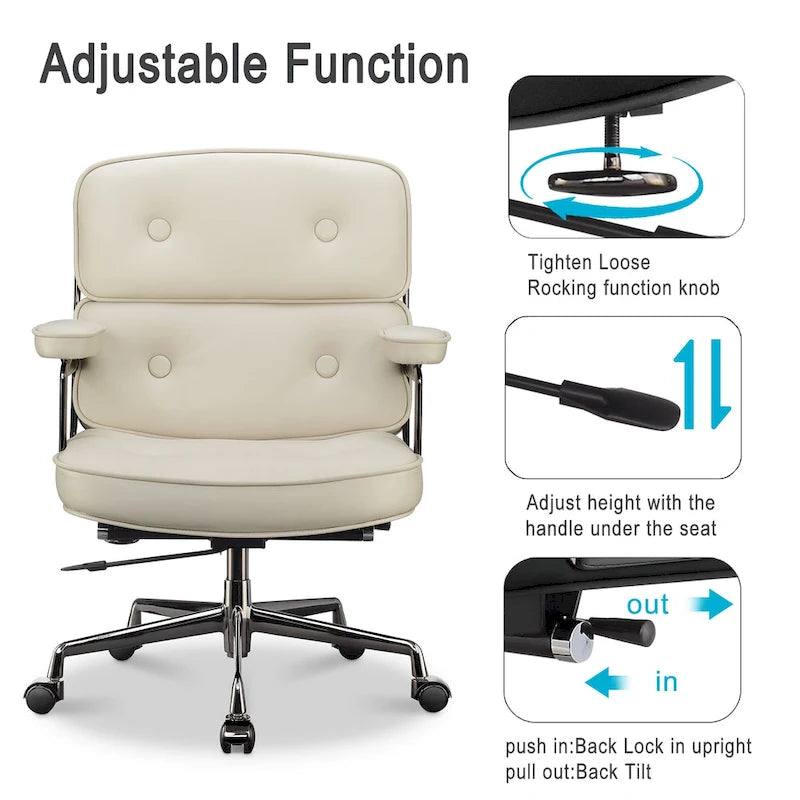 Fauteuil de bureau ergonomique en cuir capitonné à dossier mi-haut avec accoudoirs chromés