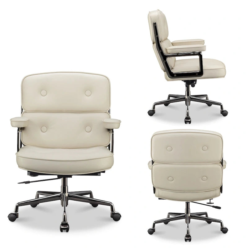 Fauteuil de bureau ergonomique en cuir capitonné à dossier mi-haut avec accoudoirs chromés